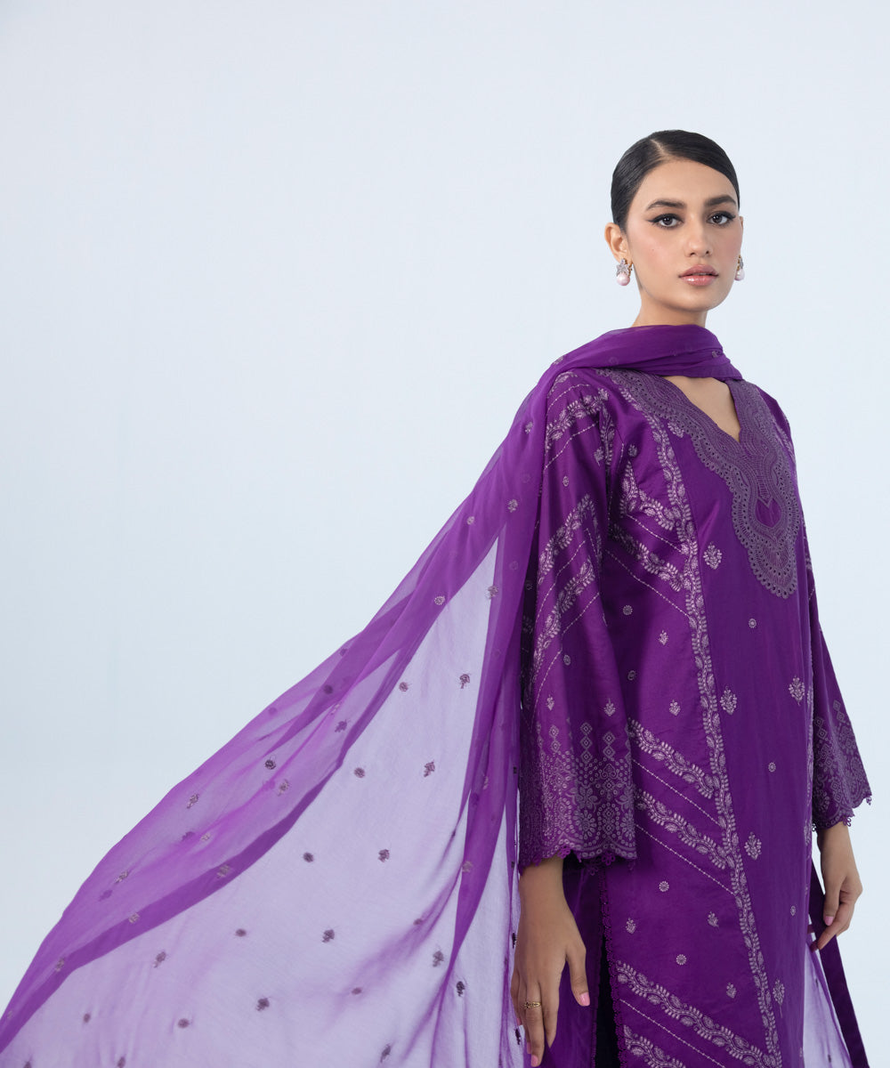 3 Piece - Embroidered Cotton Satin Suit