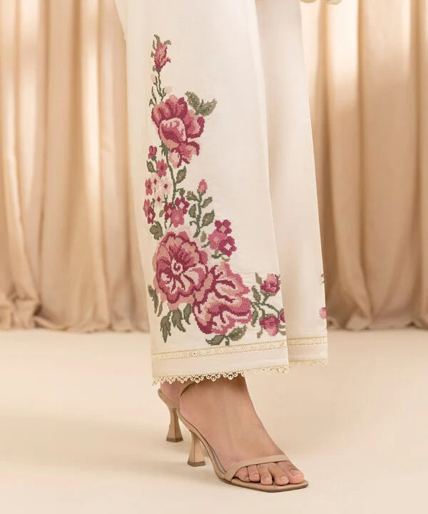 3 Piece - Embroidered Cotton Satin Suit