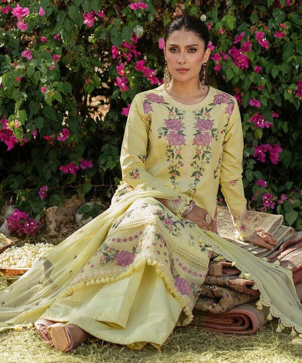 3 Piece - Embroidered Cotton Satin Suit