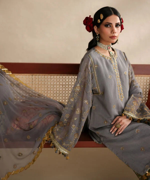 3 Piece - Embroidered Blended Net Suit